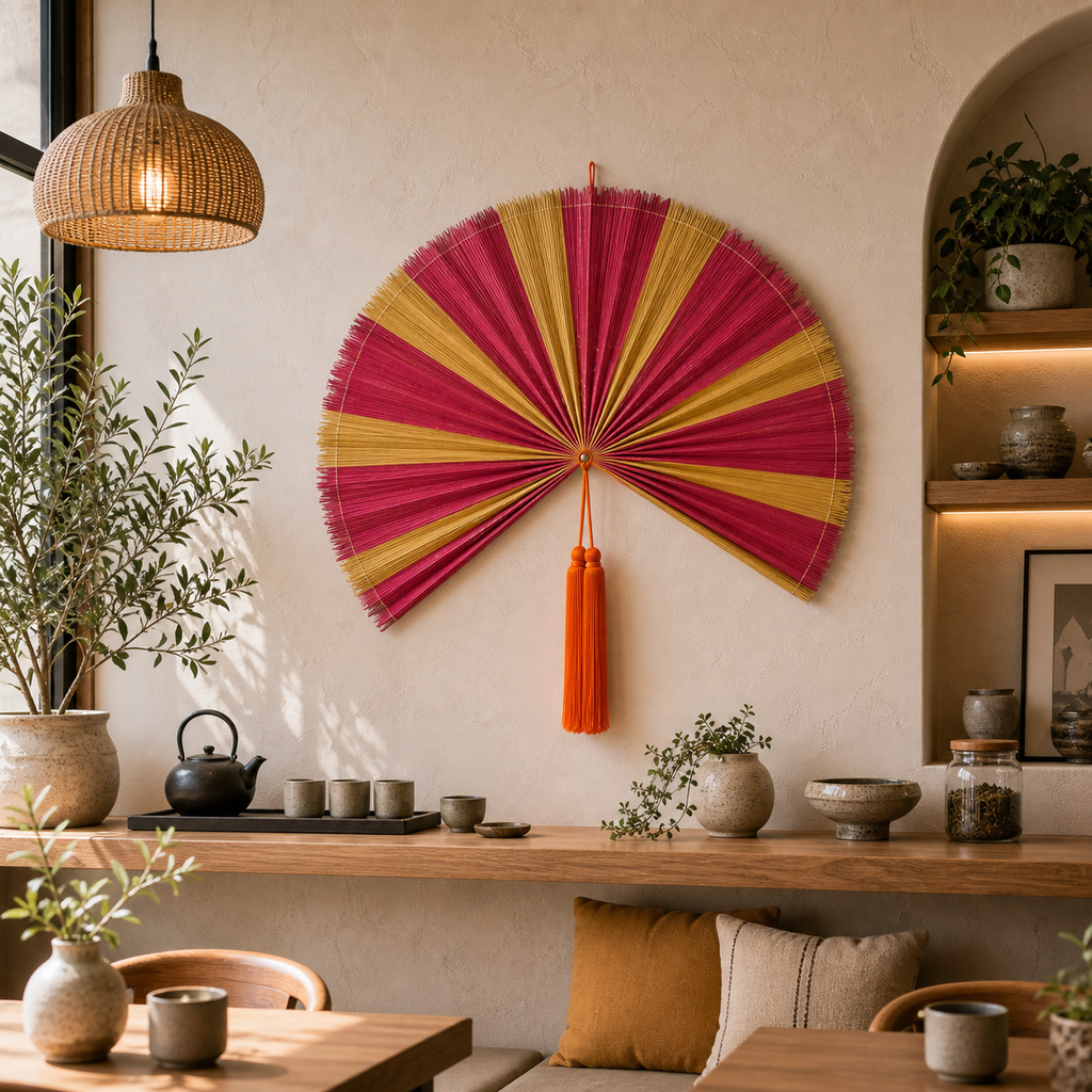 Decorative Folding Fan Wall Decor, Red Yellow, 34in/86cm