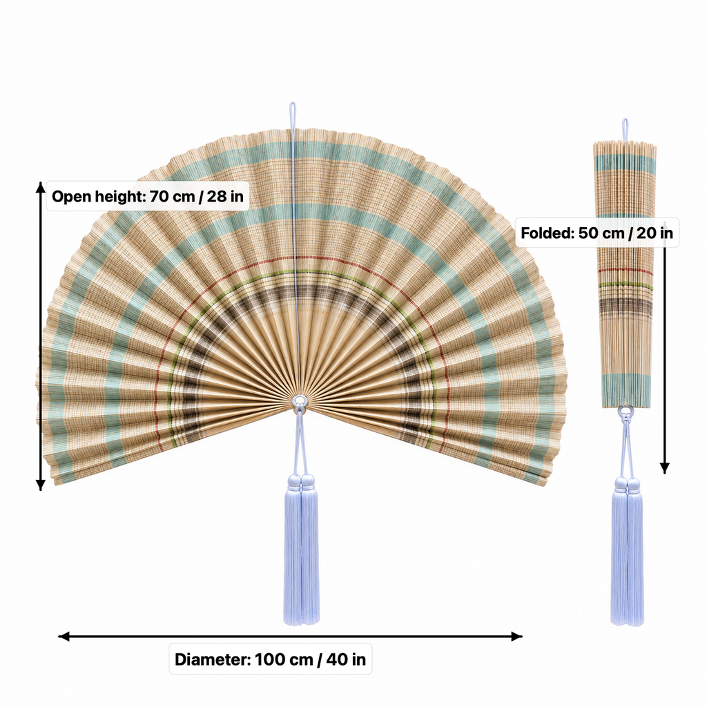 Large Bamboo Wall Fan Decor, Tan Plaid, 20“ x 40“