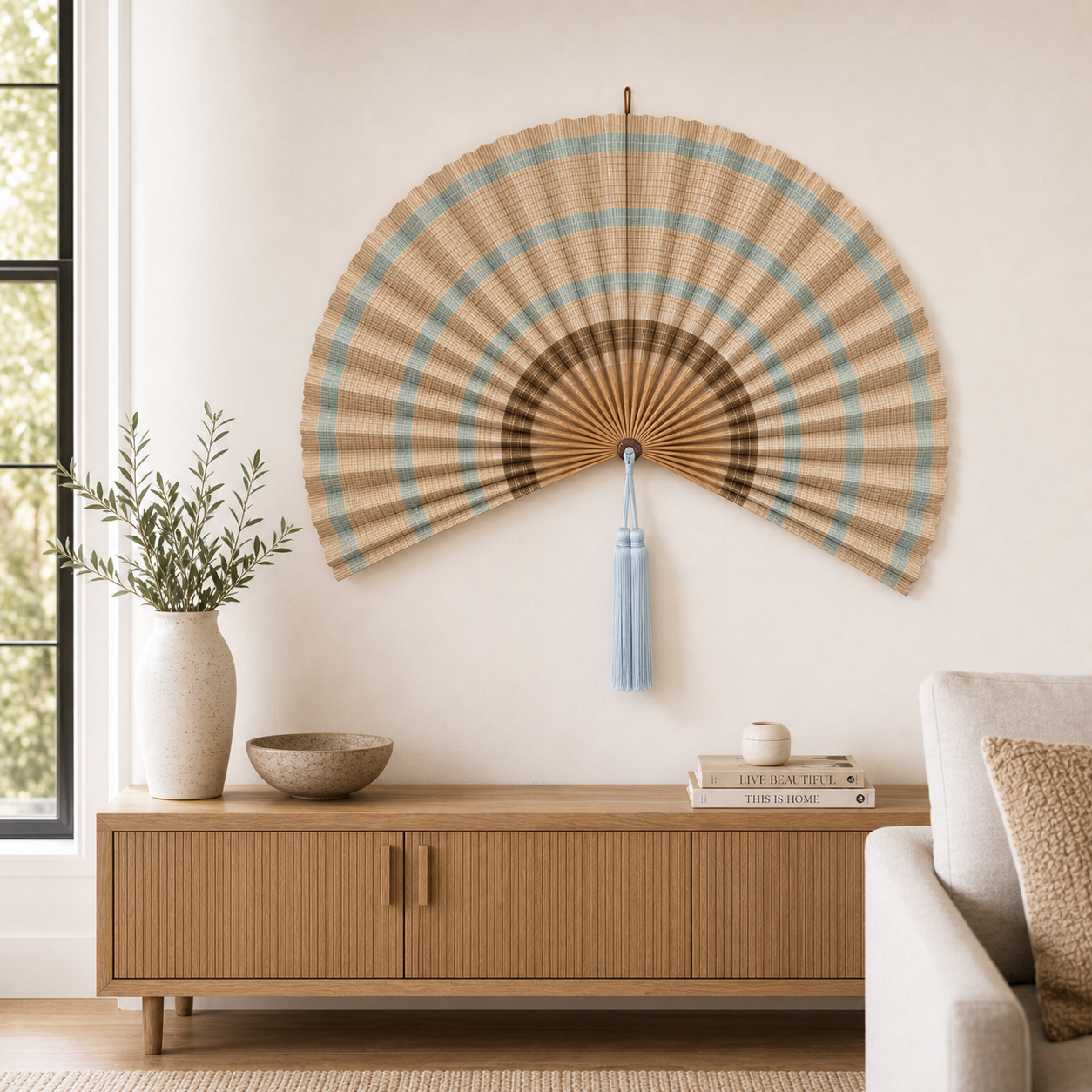 Large Bamboo Wall Fan Decor, Tan Plaid, 20“ x 40“