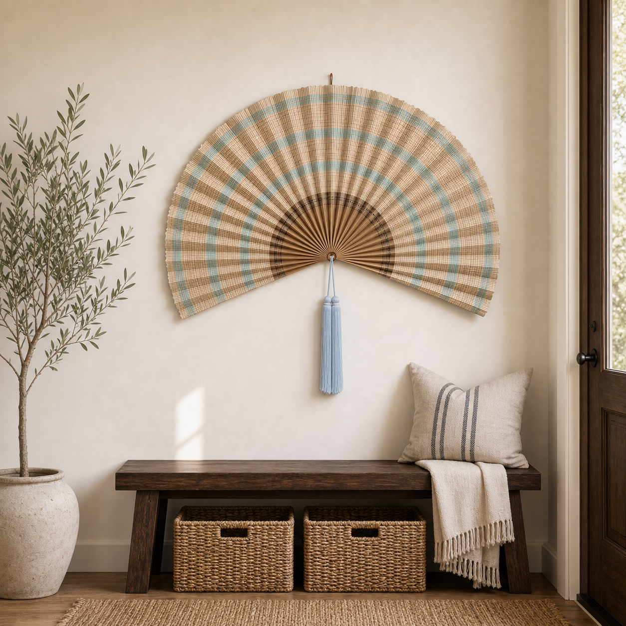 Large Bamboo Wall Fan Decor, Tan Plaid, 20“ x 40“