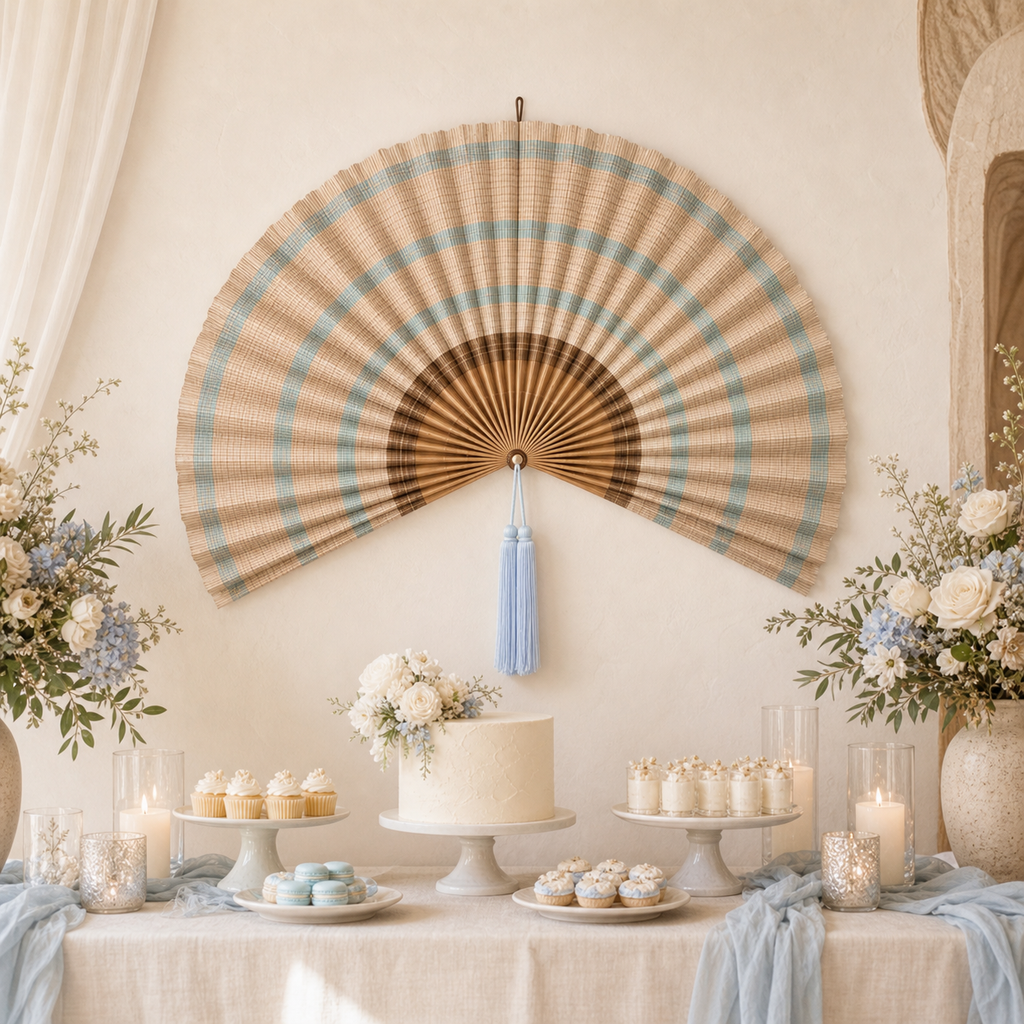 Large Bamboo Wall Fan Decor, Tan Plaid, 20“ x 40“