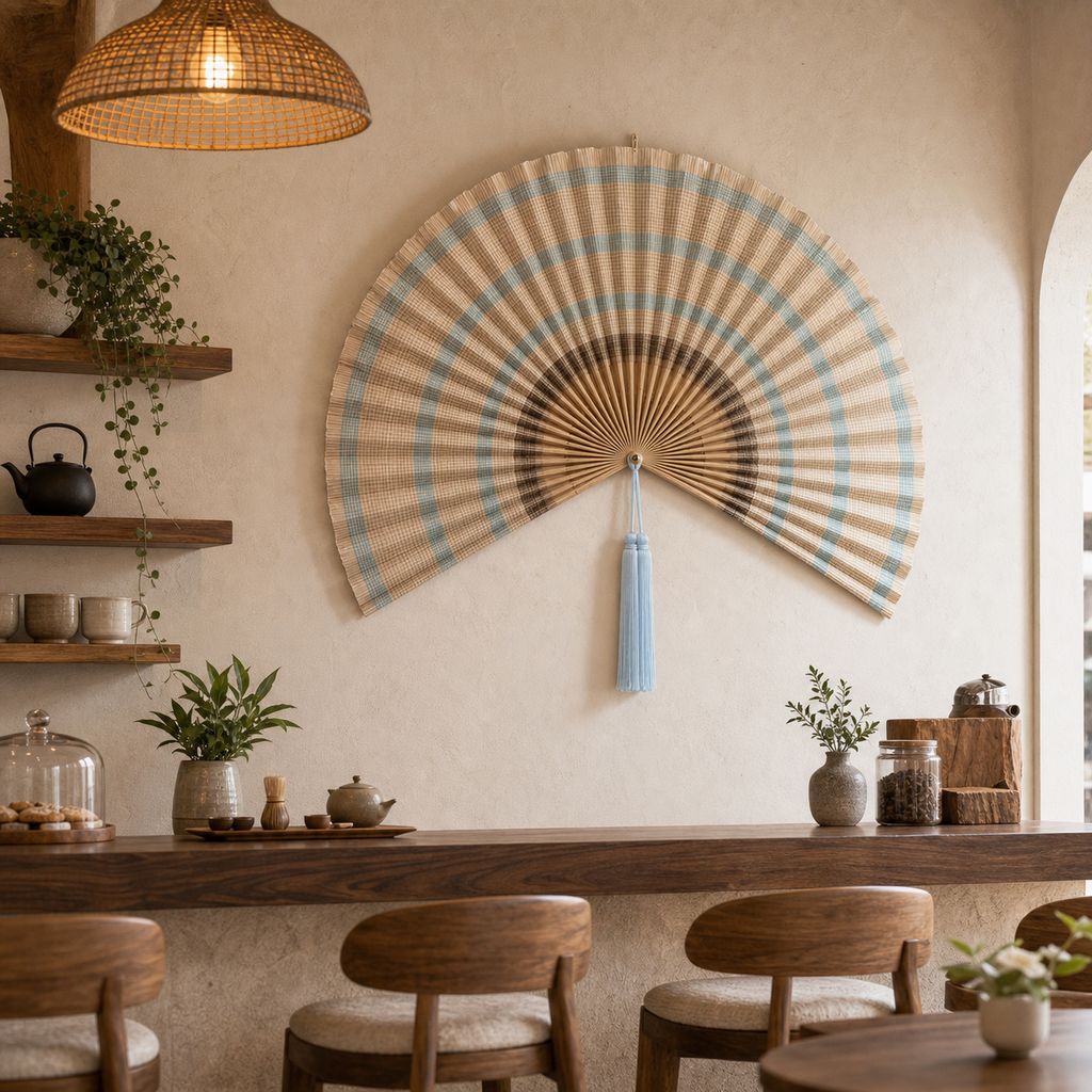 Large Bamboo Wall Fan Decor, Tan Plaid, 20“ x 40“