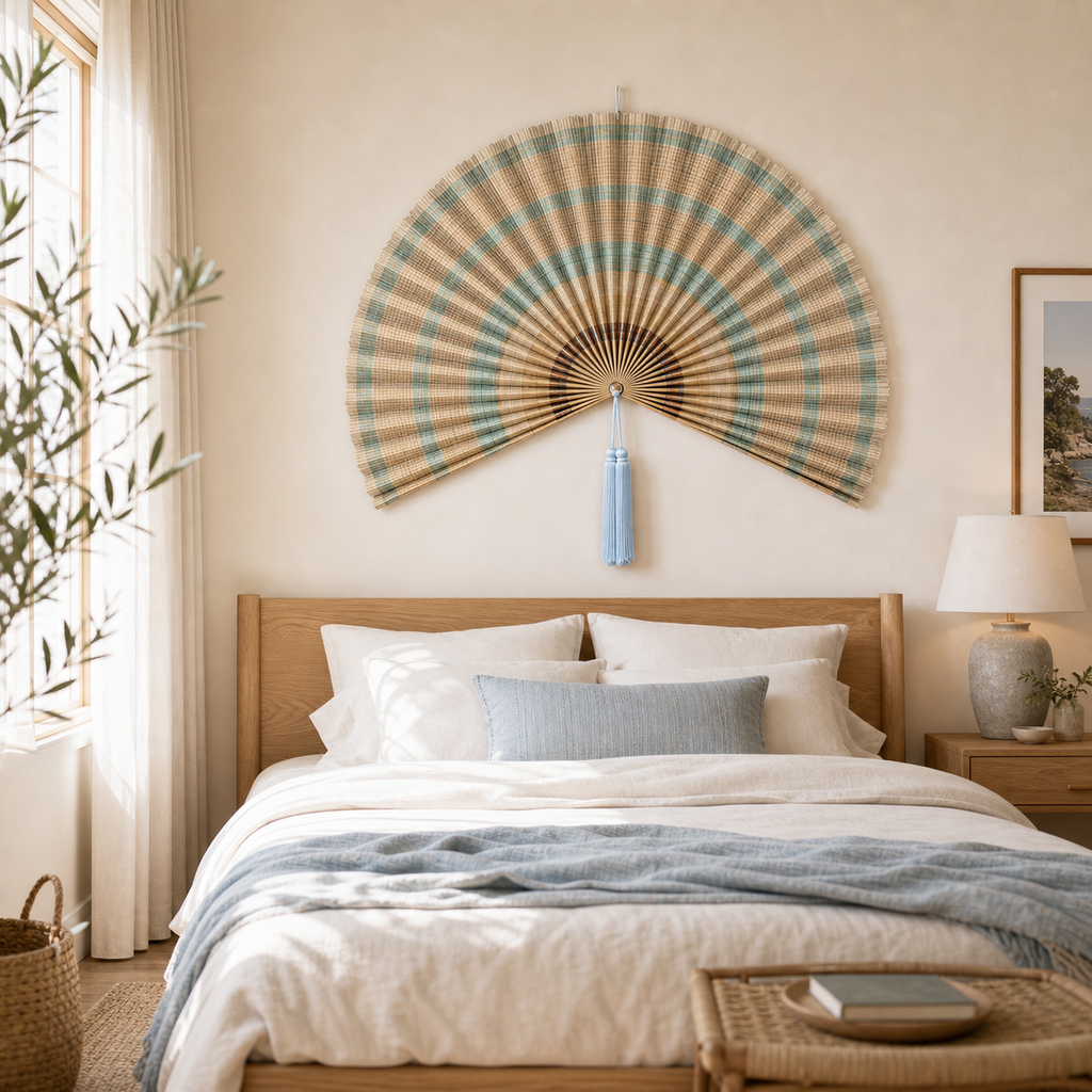 Large Bamboo Wall Fan Decor, Tan Plaid, 20“ x 40“