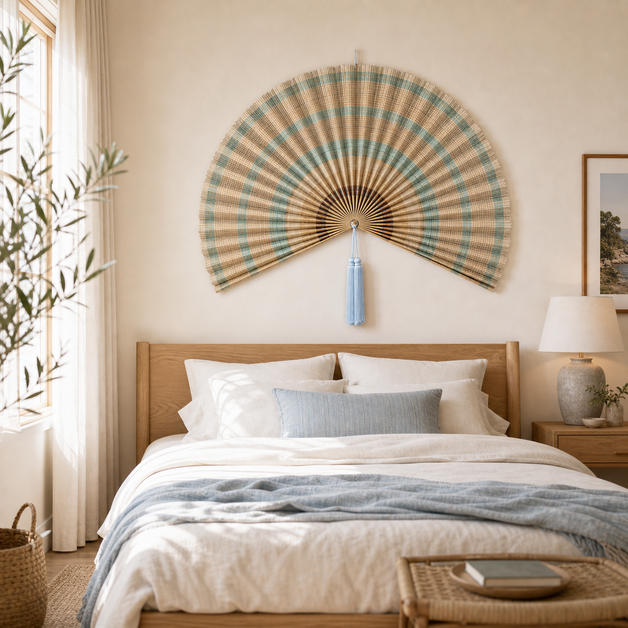 Large Bamboo Wall Fan Decor, Tan Plaid, 20“ x 40“