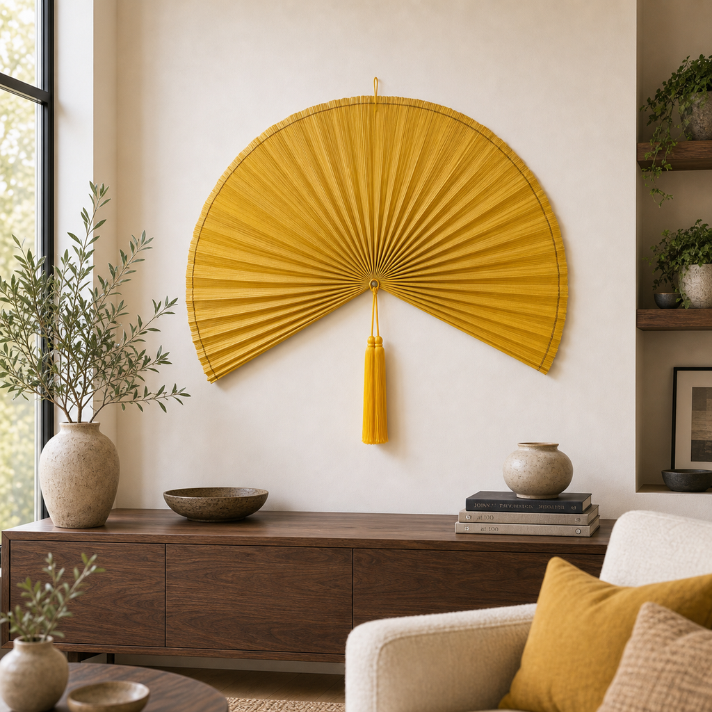 Large Yellow Bamboo Wall Fan Decor, 42in/106cm