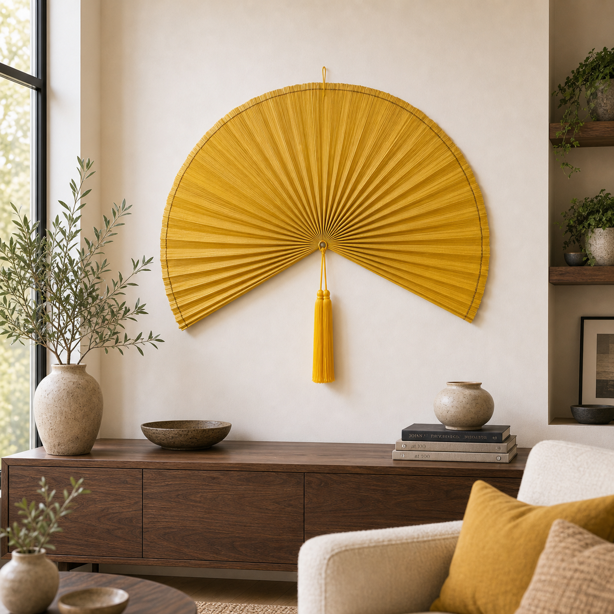 Large Yellow Bamboo Wall Fan Decor, 42in/106cm