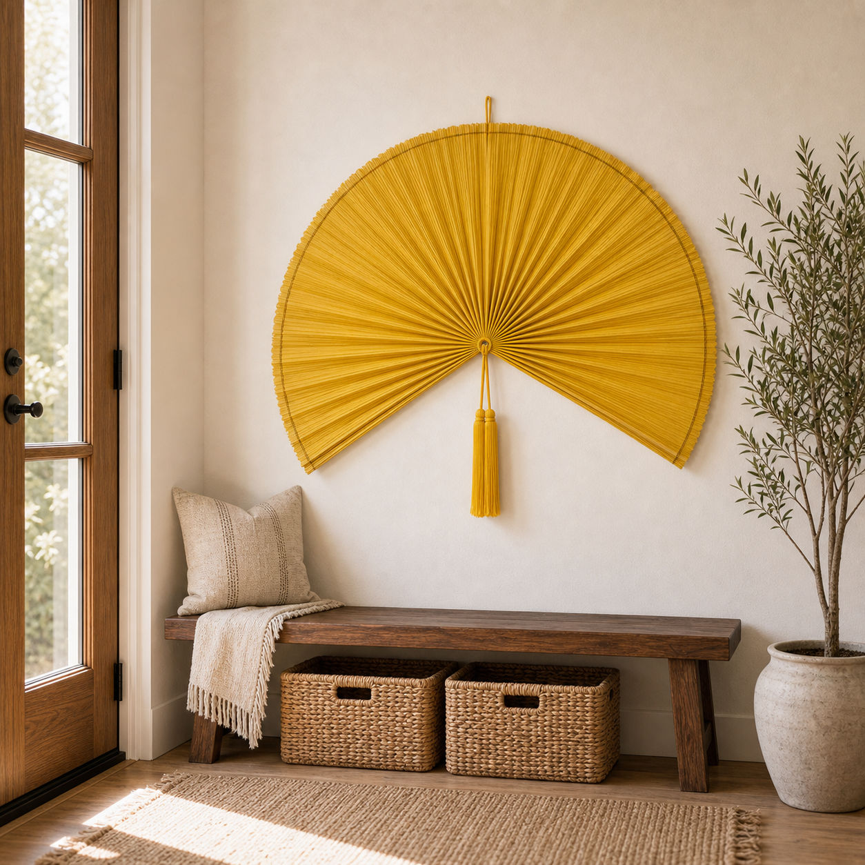 Large Yellow Bamboo Wall Fan Decor, 42in/106cm