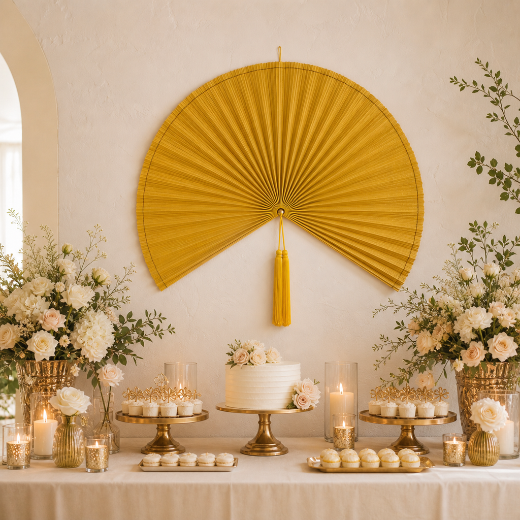 Large Yellow Bamboo Wall Fan Decor, 42in/106cm