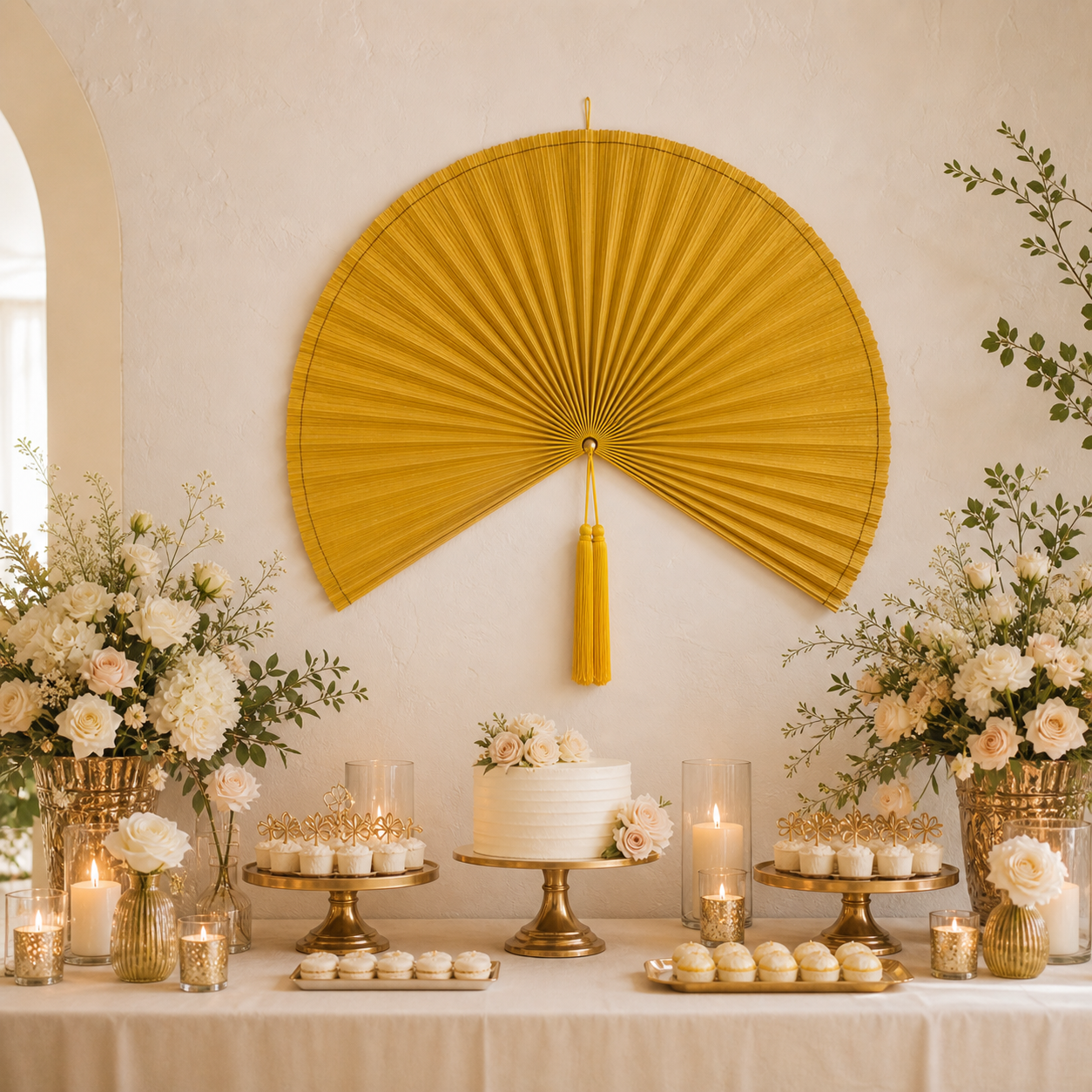 Large Yellow Bamboo Wall Fan Decor, 42in/106cm