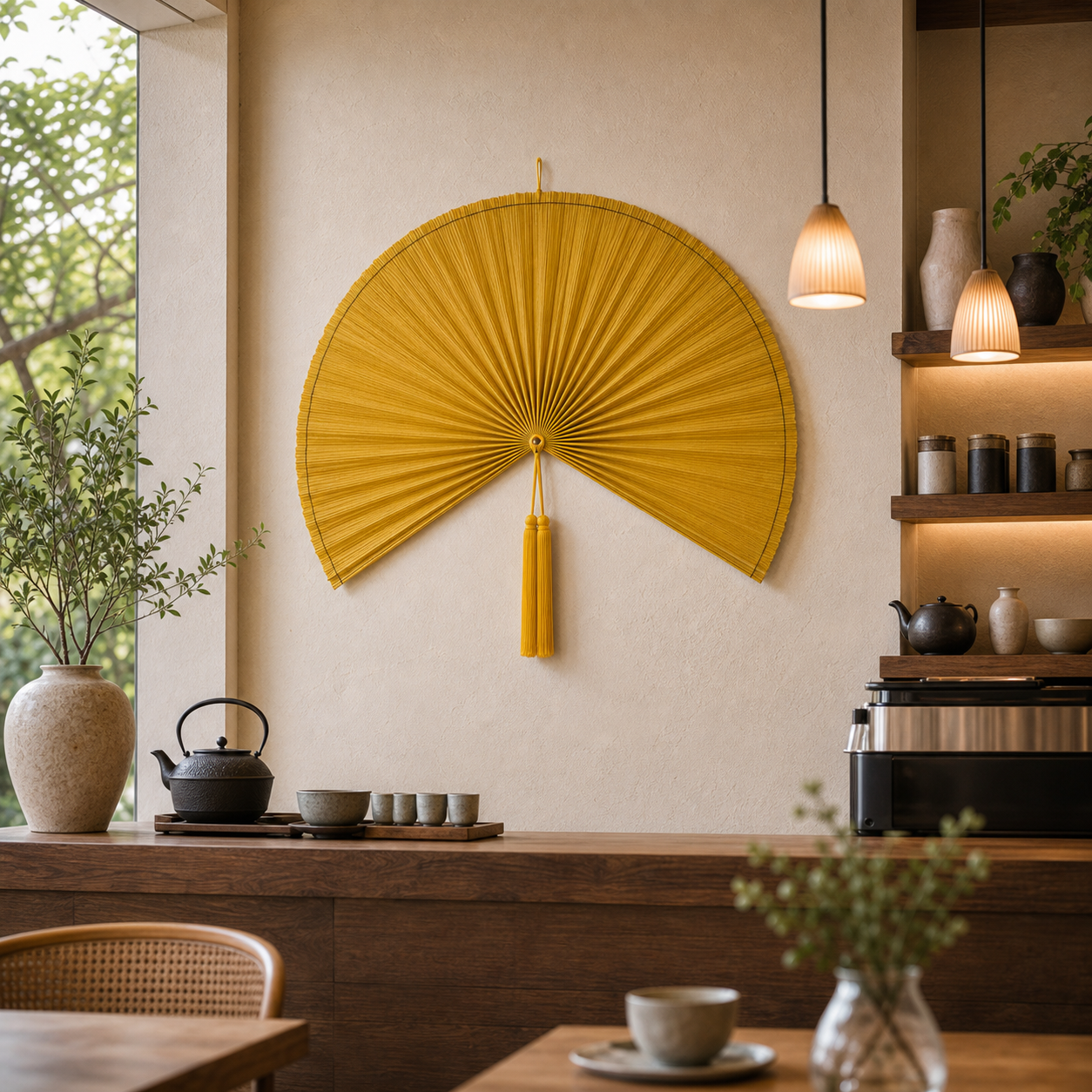 Large Yellow Bamboo Wall Fan Decor, 42in/106cm
