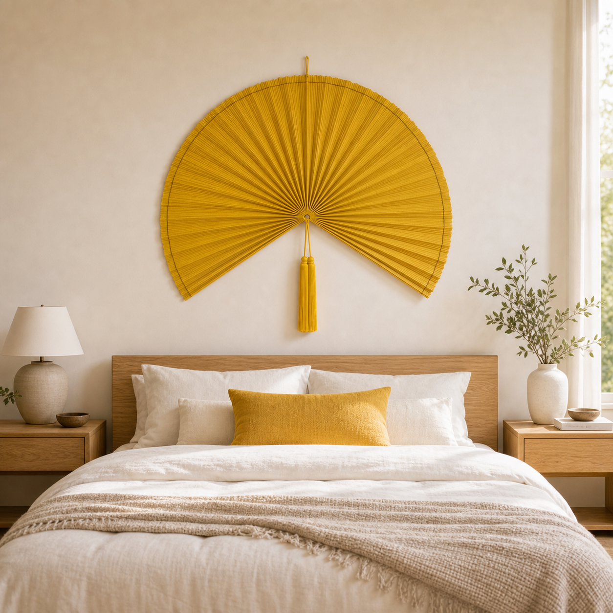 Large Yellow Bamboo Wall Fan Decor, 42in/106cm