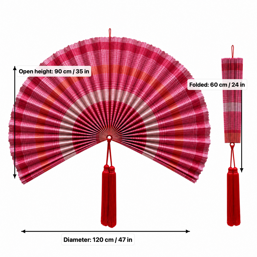Oversized Bamboo Wall Fan Decor, Red Pink Plaid, 47in/120cm