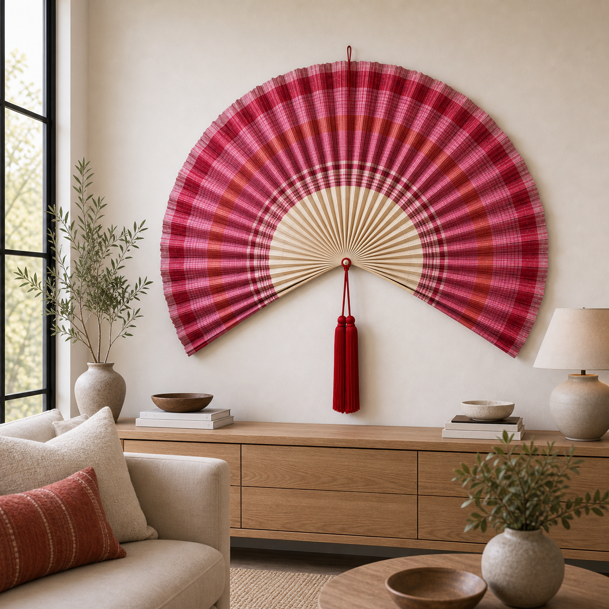 Oversized Bamboo Wall Fan Decor, Red Pink Plaid, 47in/120cm