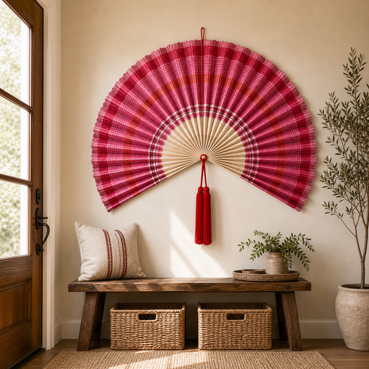 Oversized Bamboo Wall Fan Decor, Red Pink Plaid, 47in/120cm