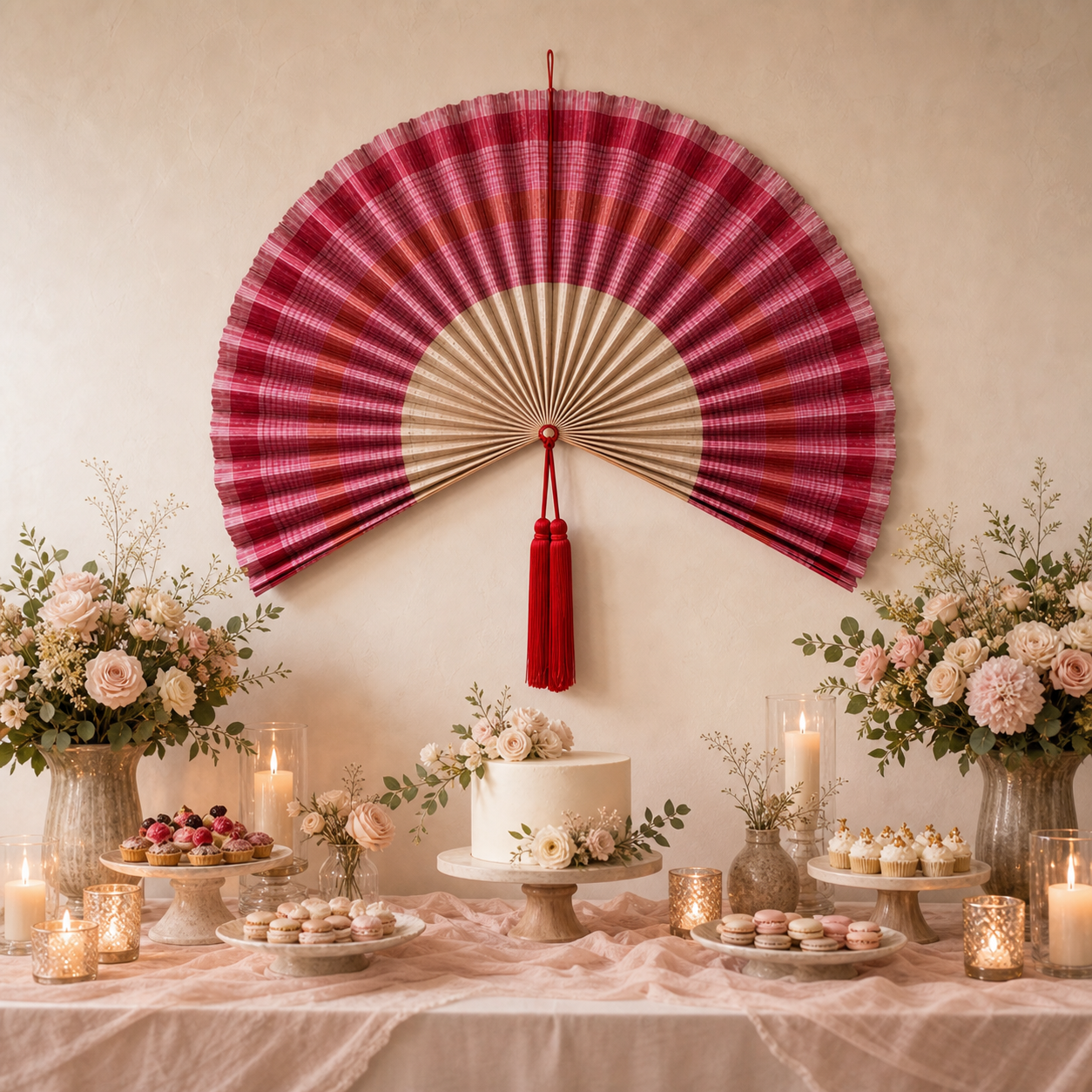 Oversized Bamboo Wall Fan Decor, Red Pink Plaid, 47in/120cm
