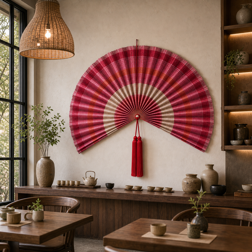 Oversized Bamboo Wall Fan Decor, Red Pink Plaid, 47in/120cm