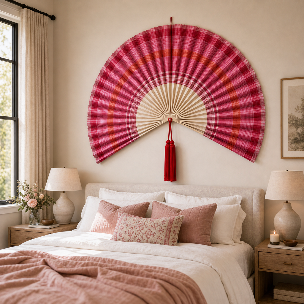 Oversized Bamboo Wall Fan Decor, Red Pink Plaid, 47in/120cm