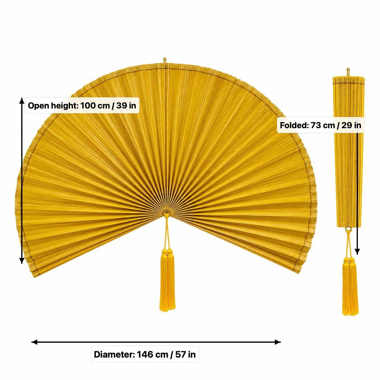 Oversized Yellow Bamboo Wall Fan Decor, 57in/146cm