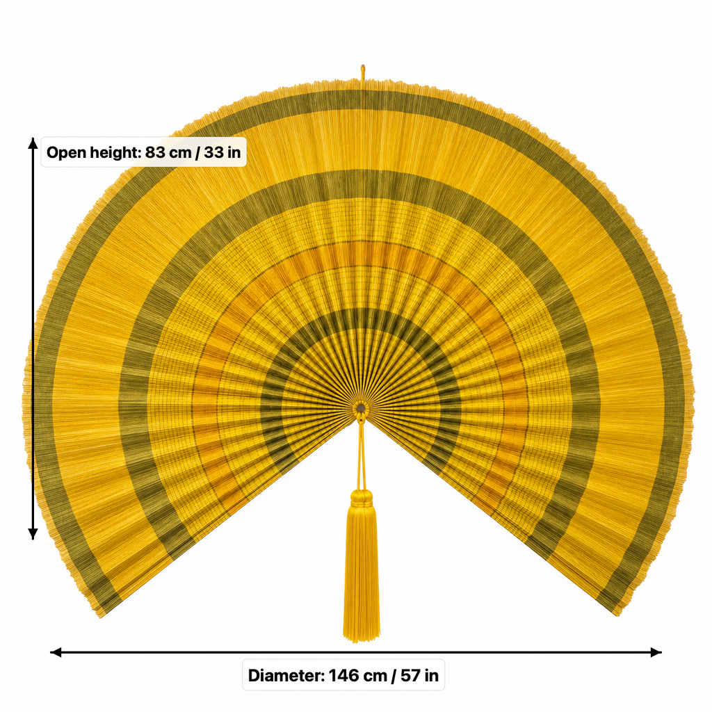 Oversized Bamboo Wall Fan Decor, Yellow Olive Bands, 57in/146cm