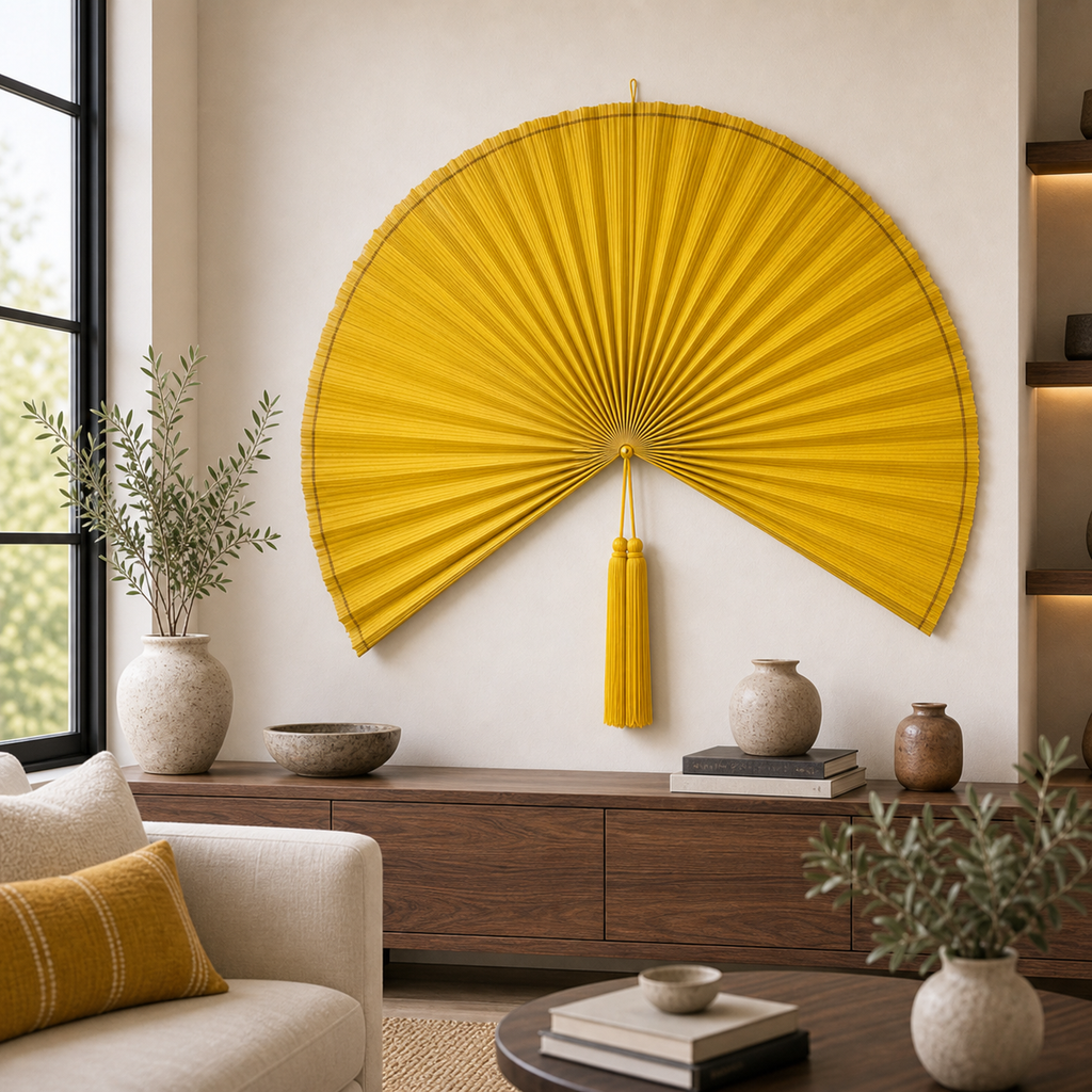 Oversized Yellow Bamboo Wall Fan Decor, 57in/146cm