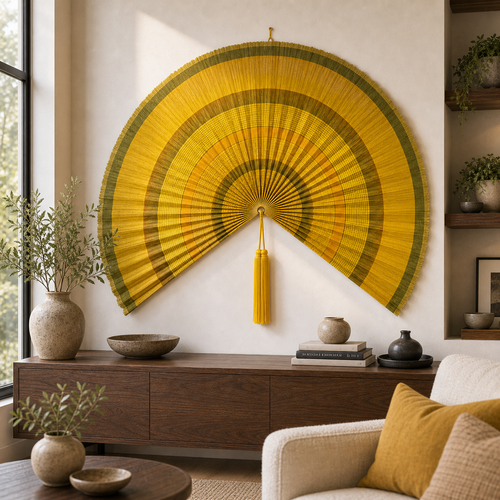 Oversized Bamboo Wall Fan Decor, Yellow Olive Bands, 57in/146cm