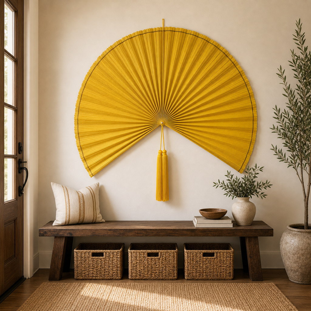 Oversized Yellow Bamboo Wall Fan Decor, 57in/146cm