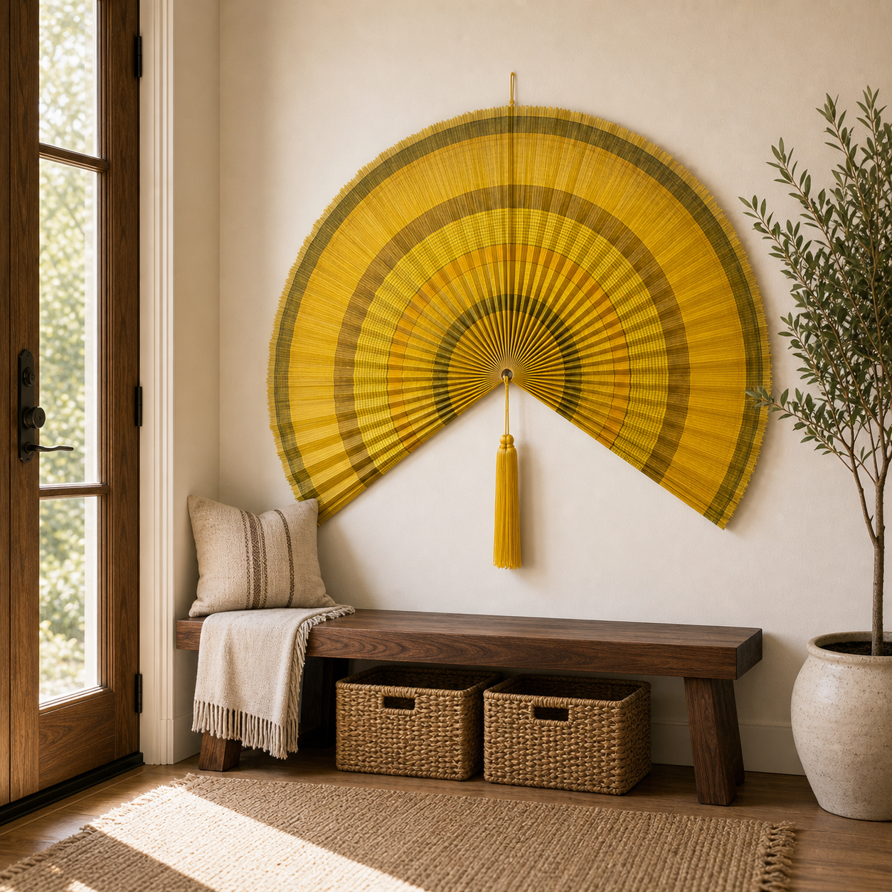 Oversized Bamboo Wall Fan Decor, Yellow Olive Bands, 57in/146cm