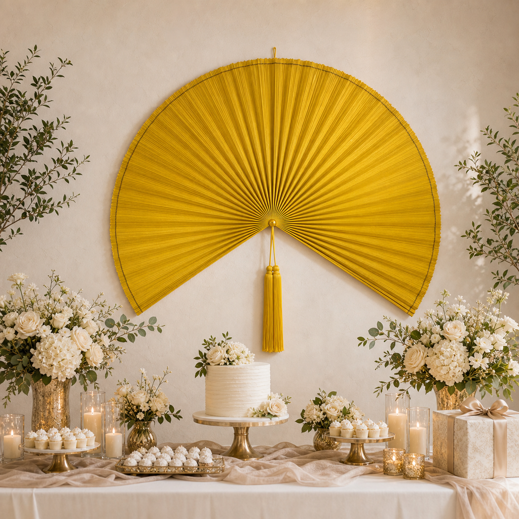 Oversized Yellow Bamboo Wall Fan Decor, 57in/146cm