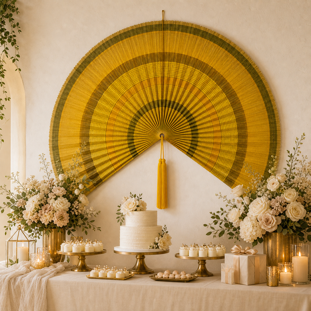 Oversized Bamboo Wall Fan Decor, Yellow Olive Bands, 57in/146cm