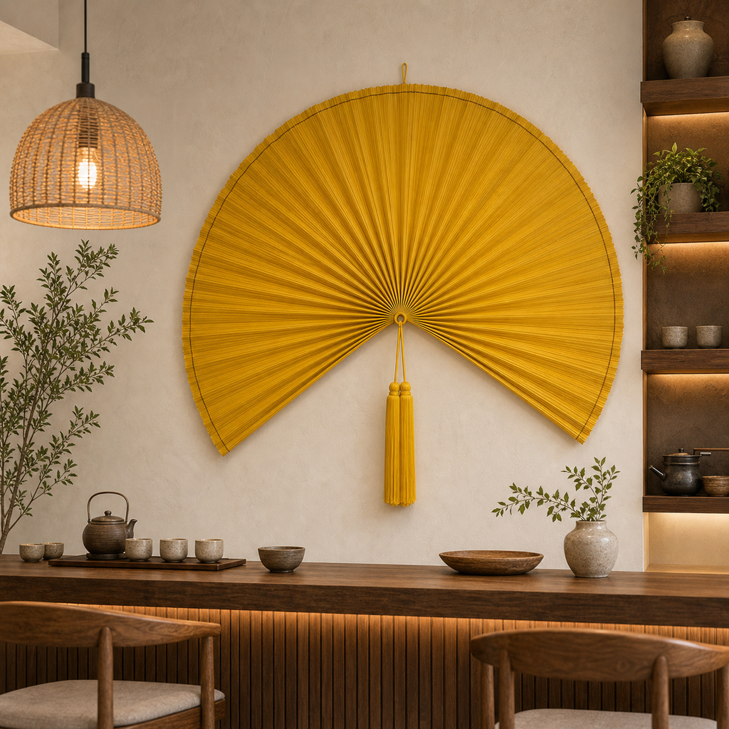 Oversized Yellow Bamboo Wall Fan Decor, 57in/146cm