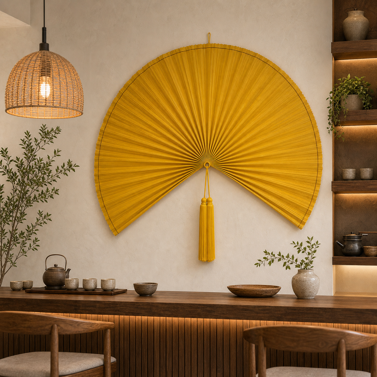Oversized Yellow Bamboo Wall Fan Decor, 57in/146cm