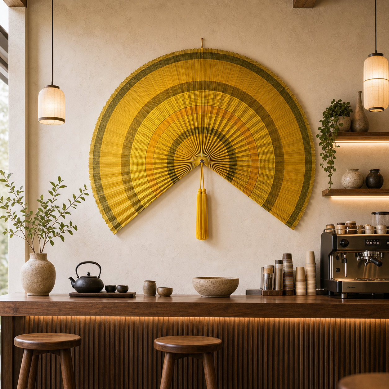 Oversized Bamboo Wall Fan Decor, Yellow Olive Bands, 57in/146cm