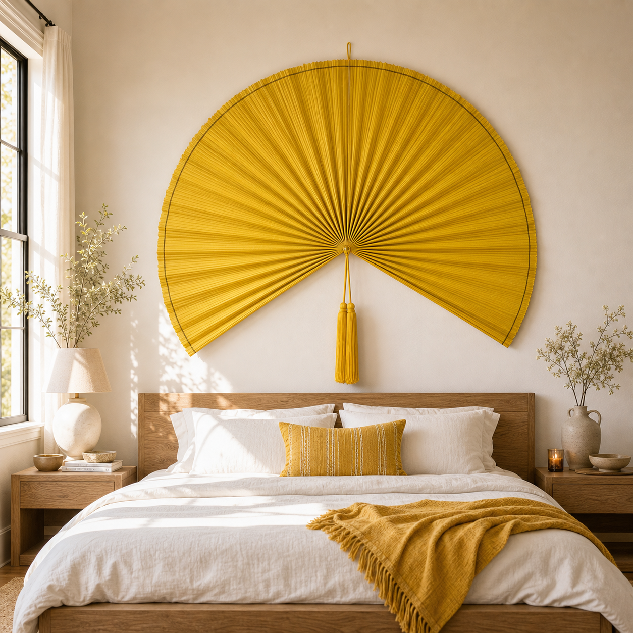 Oversized Yellow Bamboo Wall Fan Decor, 57in/146cm