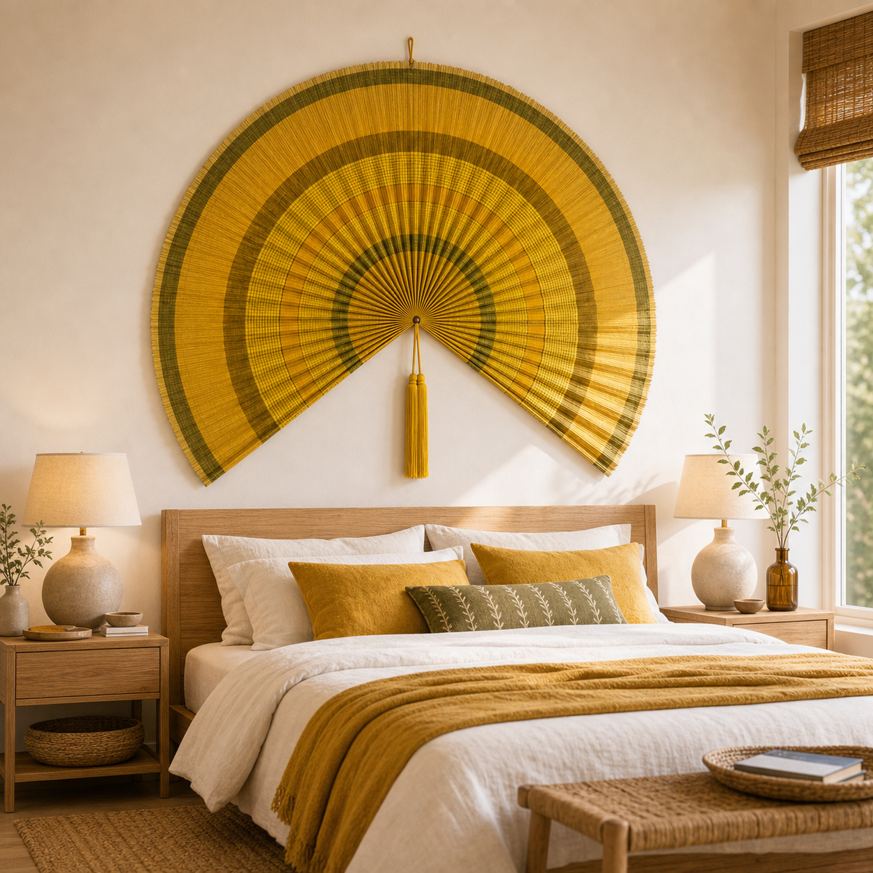 Oversized Bamboo Wall Fan Decor, Yellow Olive Bands, 57in/146cm