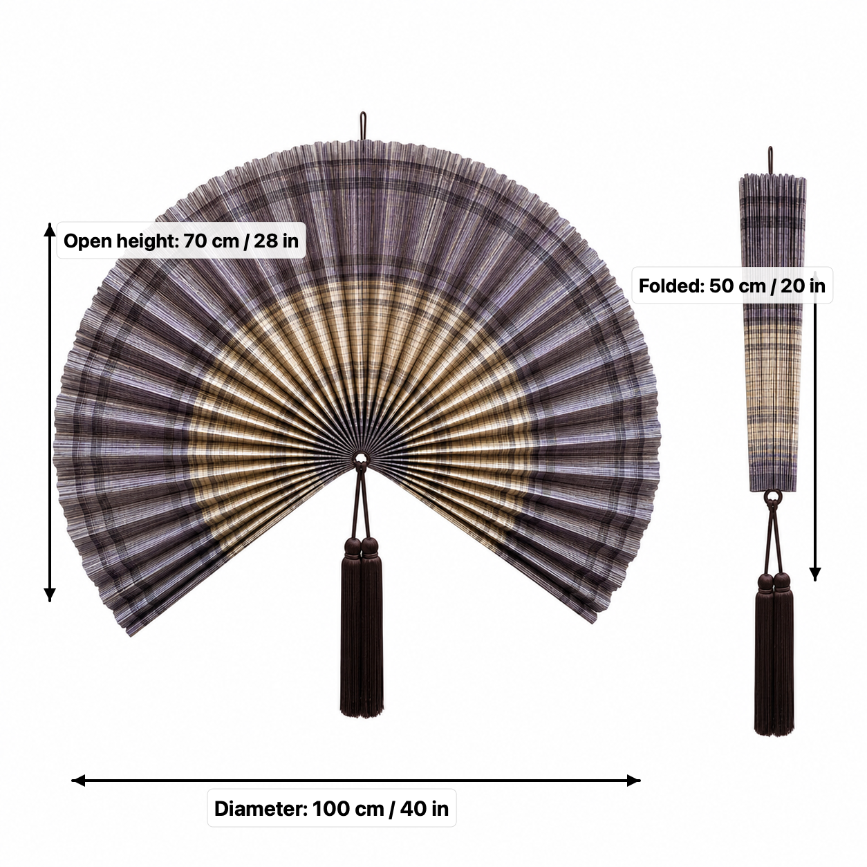 Plaid Bamboo Wall Fan Decor, Gray Purple, 40in/100cm