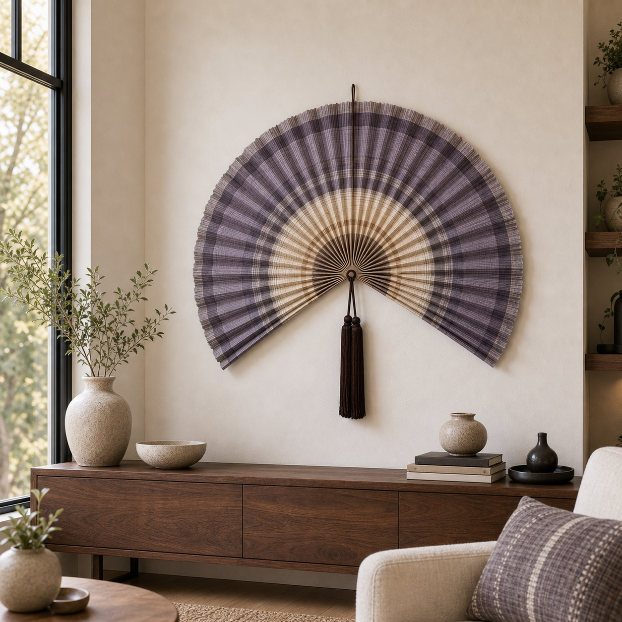 Plaid Bamboo Wall Fan Decor, Gray Purple, 40in/100cm
