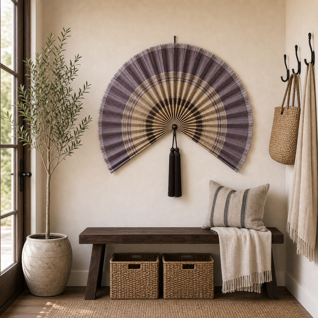 Plaid Bamboo Wall Fan Decor, Gray Purple, 40in/100cm