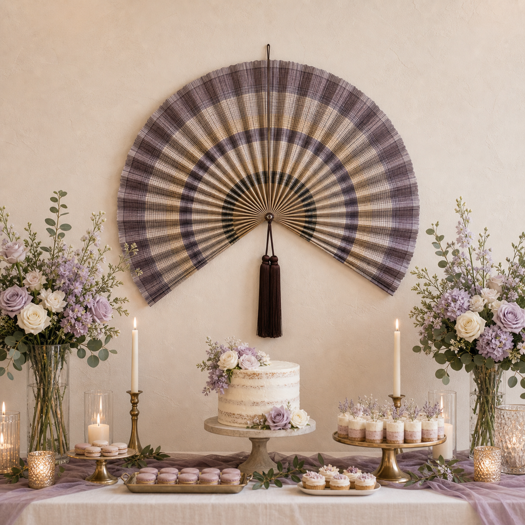 Plaid Bamboo Wall Fan Decor, Gray Purple, 40in/100cm