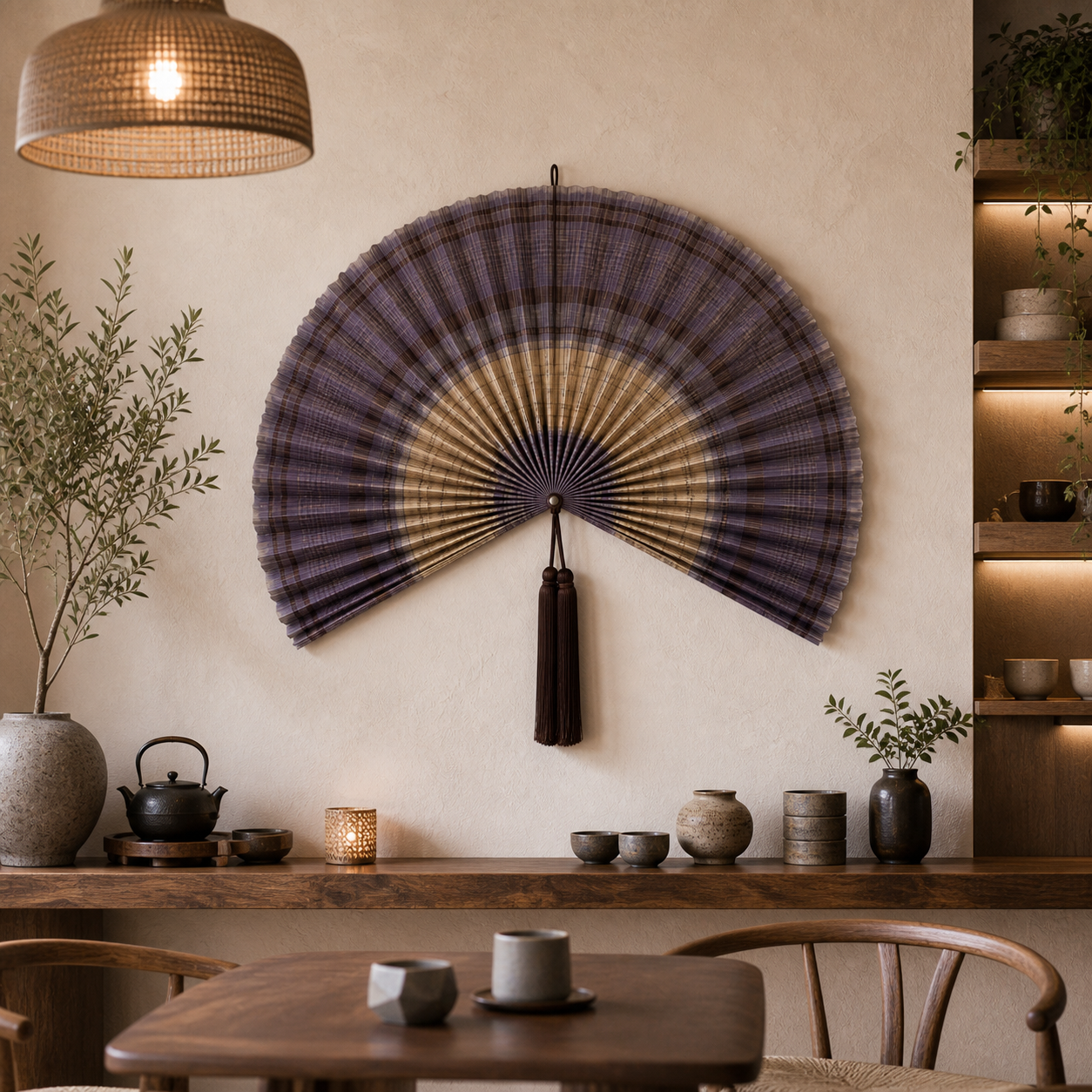 Plaid Bamboo Wall Fan Decor, Gray Purple, 40in/100cm