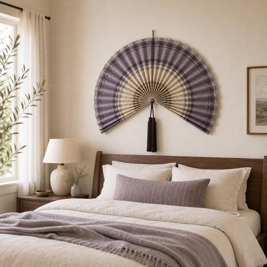 Plaid Bamboo Wall Fan Decor, Gray Purple, 40in/100cm