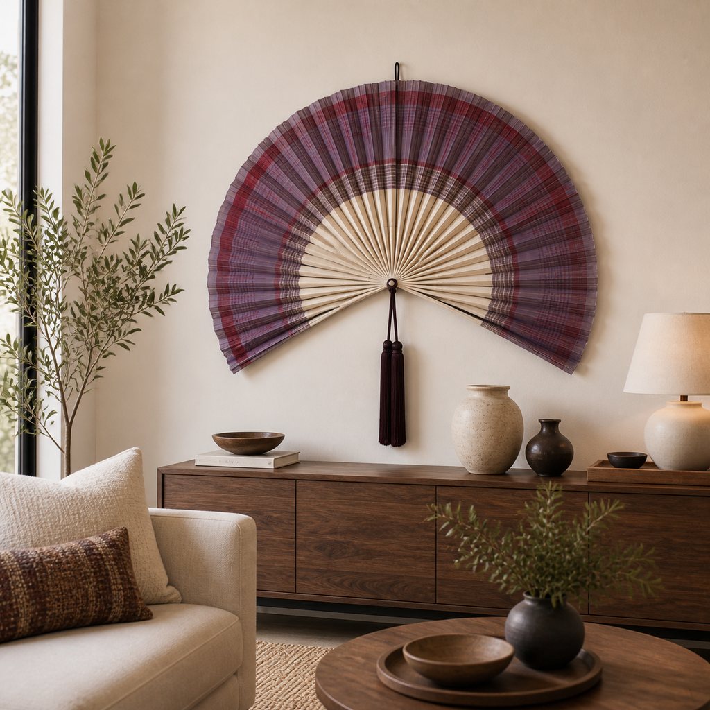 Purple Burgundy Bamboo Wall Fan Decor, 40in/100cm