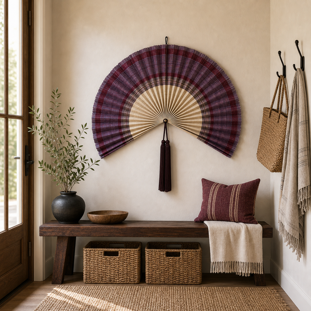 Purple Burgundy Bamboo Wall Fan Decor, 40in/100cm