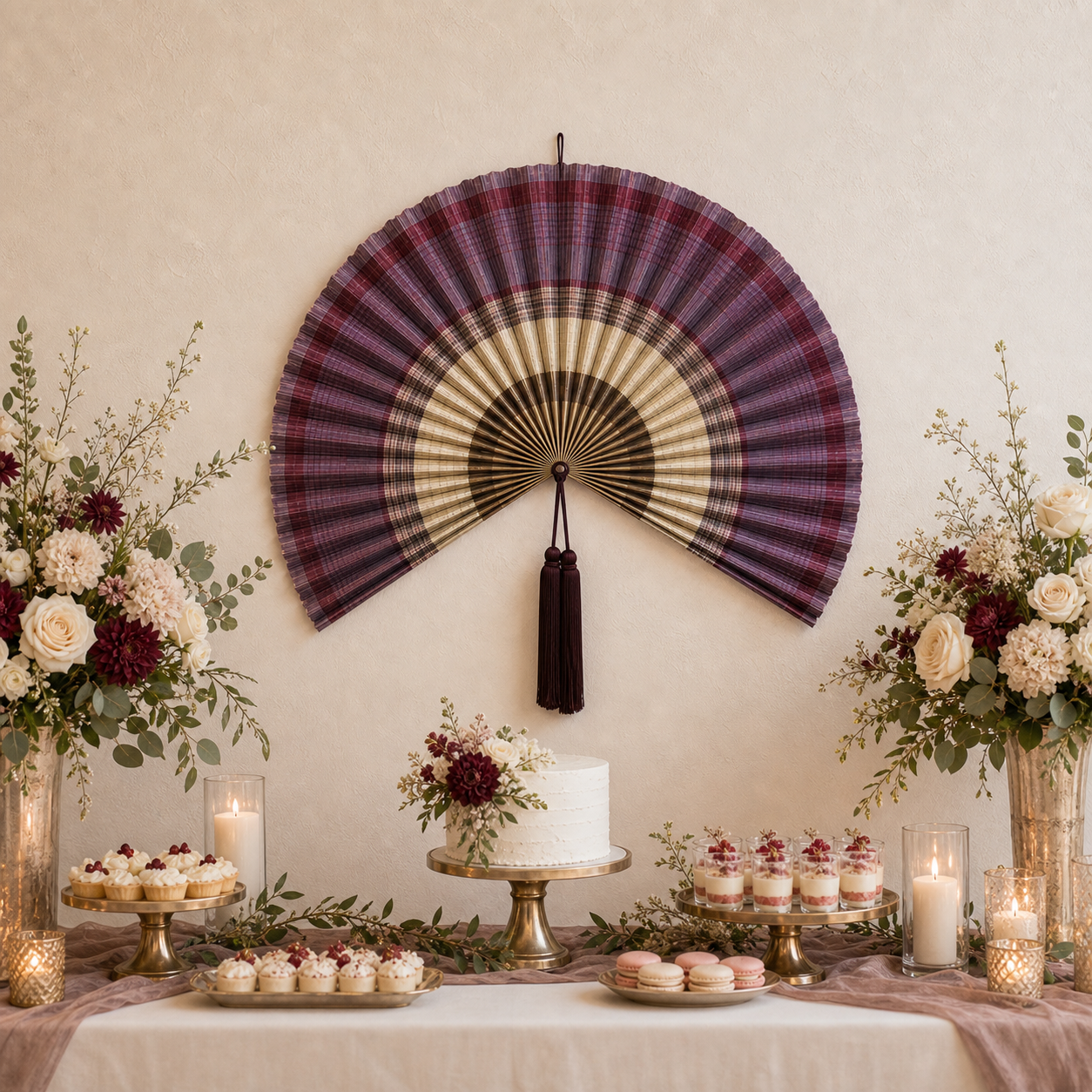 Purple Burgundy Bamboo Wall Fan Decor, 40in/100cm