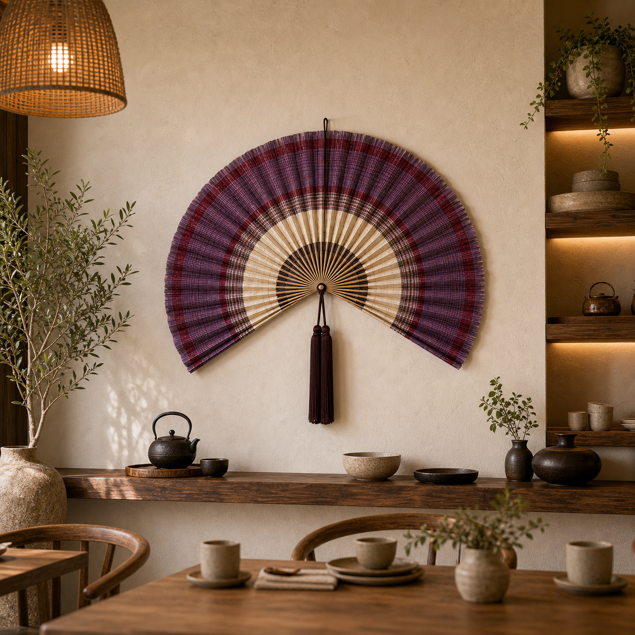 Purple Burgundy Bamboo Wall Fan Decor, 40in/100cm