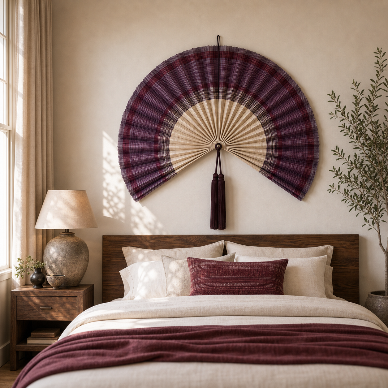 Purple Burgundy Bamboo Wall Fan Decor, 40in/100cm