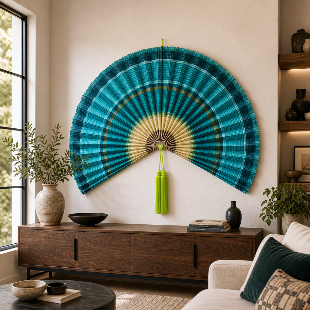 Teal Bamboo Wall Fan Decor, 57in/146cm