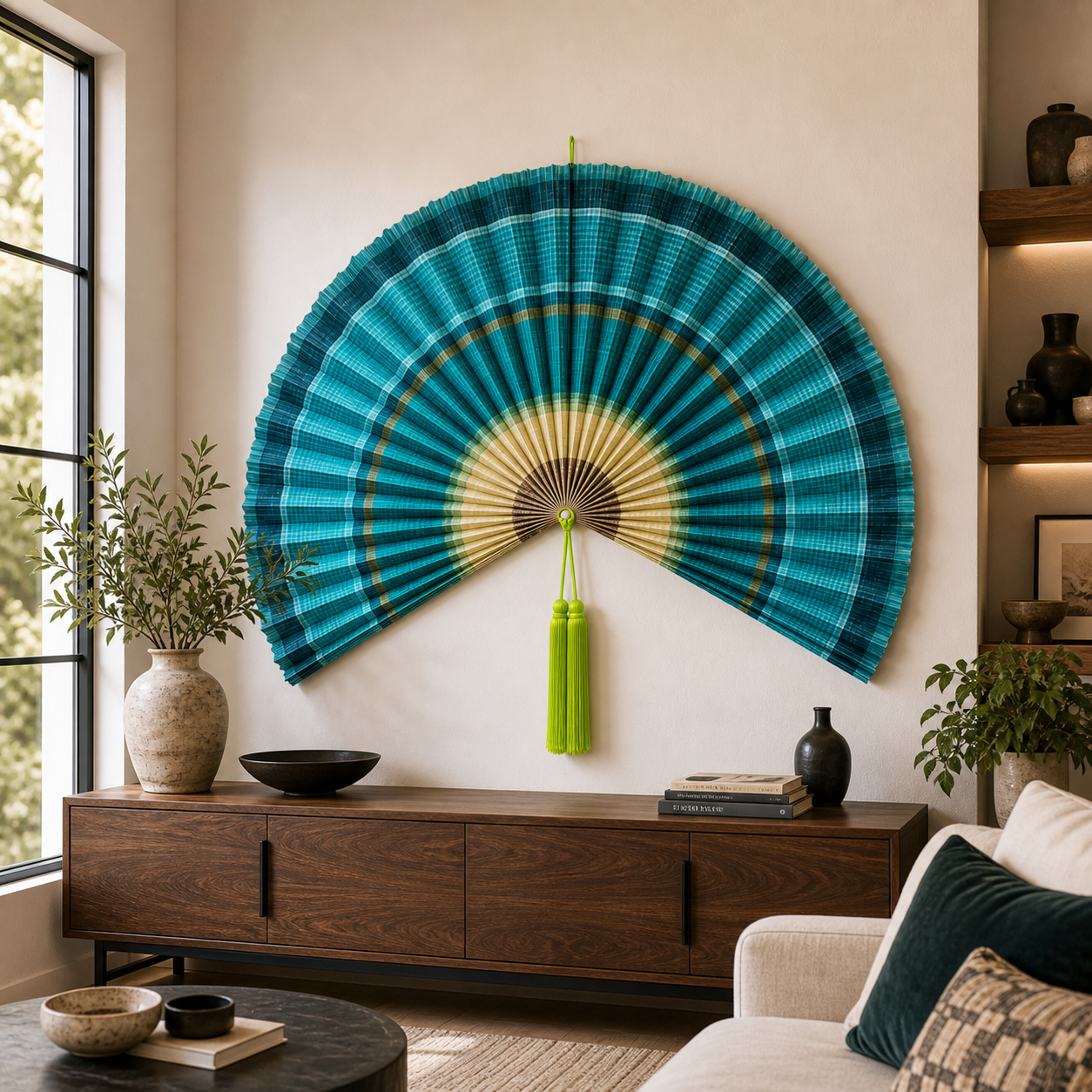 Teal Bamboo Wall Fan Decor, 57in/146cm
