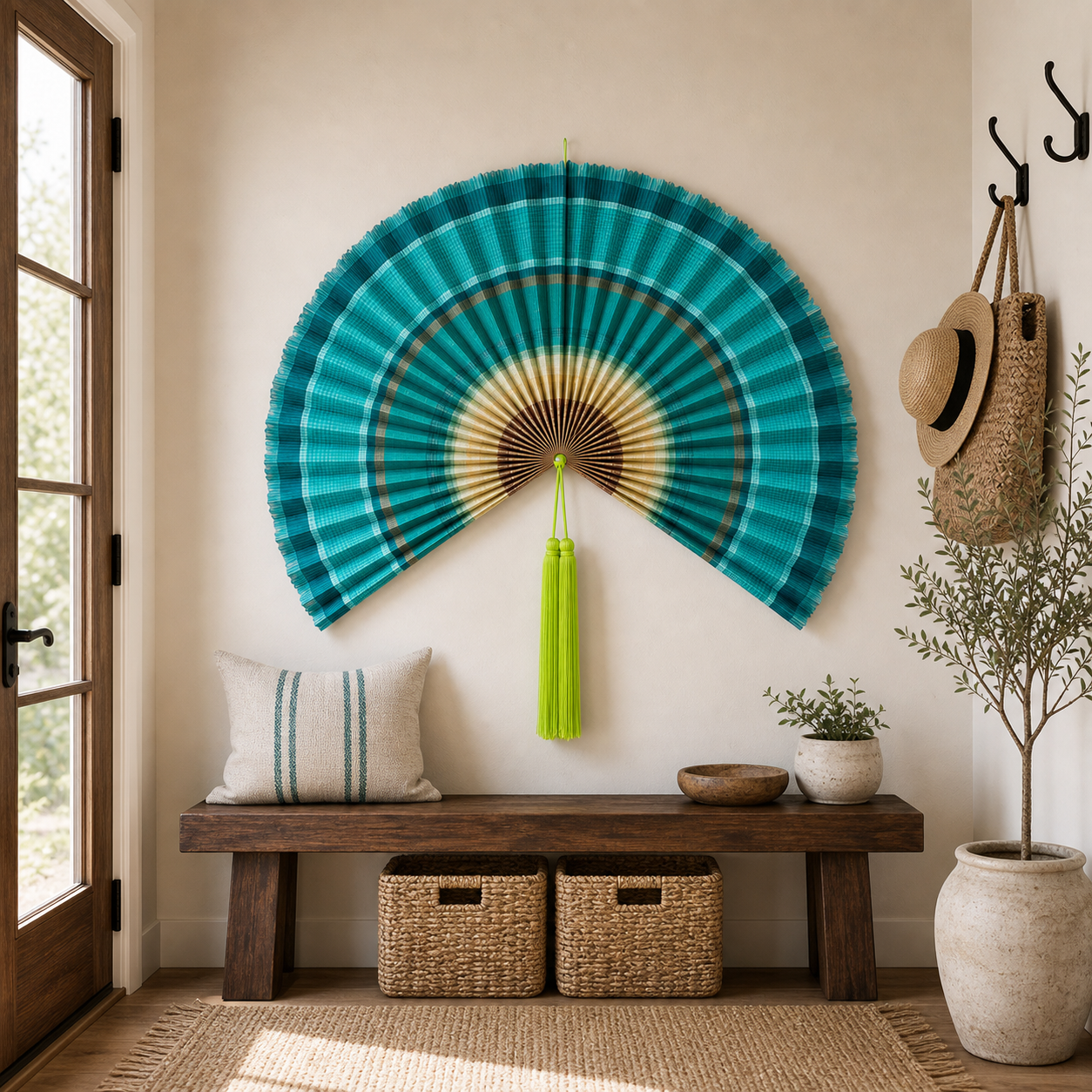 Teal Bamboo Wall Fan Decor, 57in/146cm