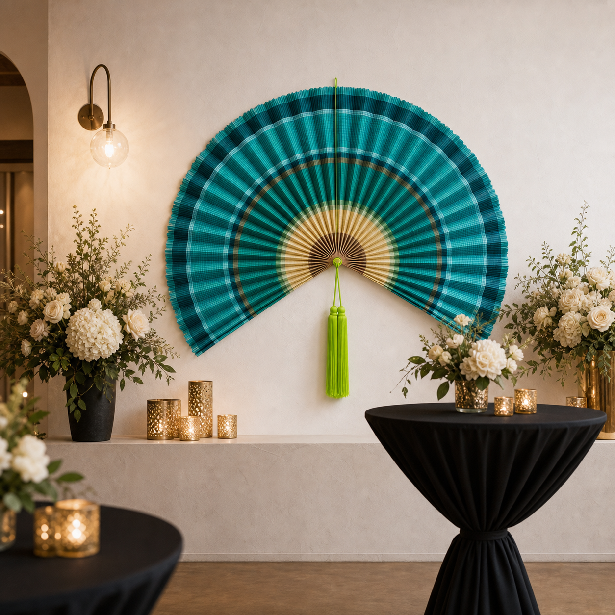 Teal Bamboo Wall Fan Decor, 57in/146cm