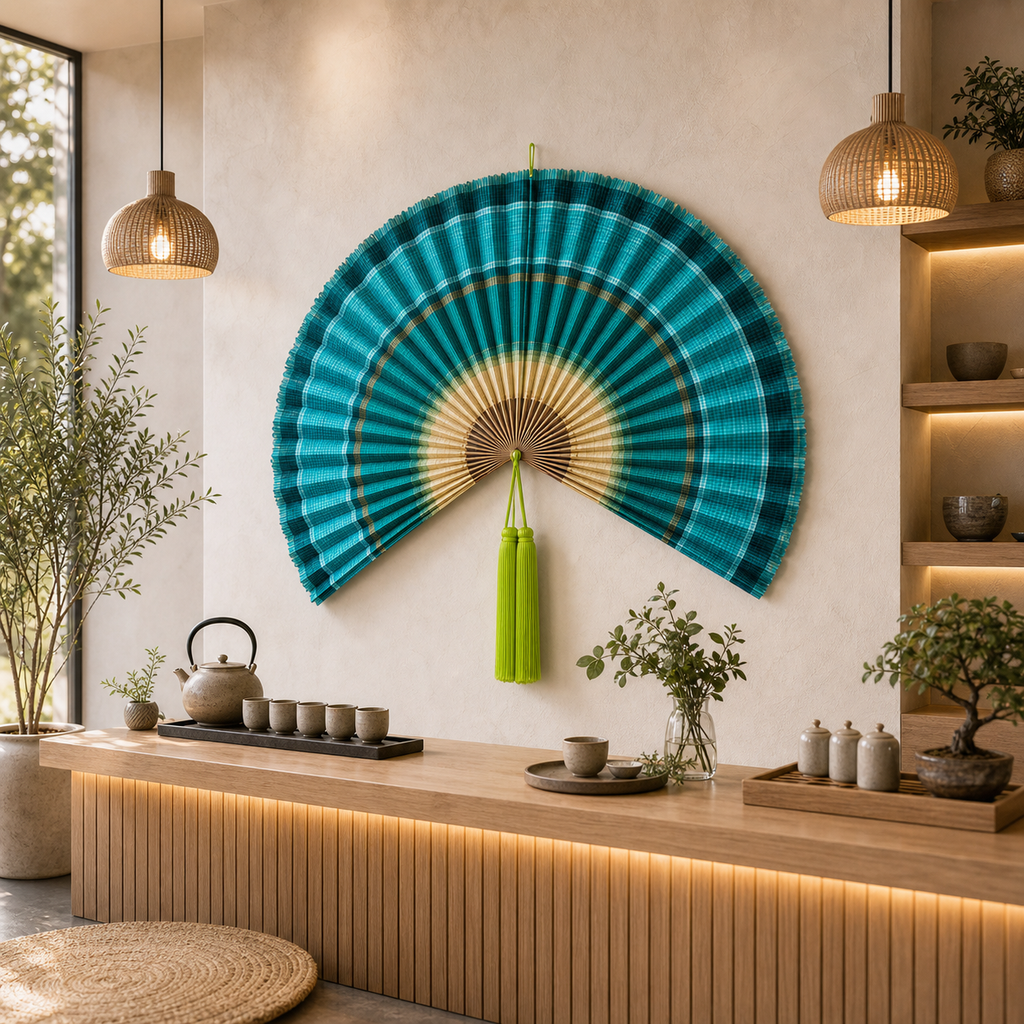 Teal Bamboo Wall Fan Decor, 57in/146cm